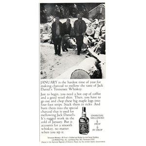 1978 Jack Daniels Whiskey Vintage Print Ad Log Yard Maple Snow Covered Wall Art